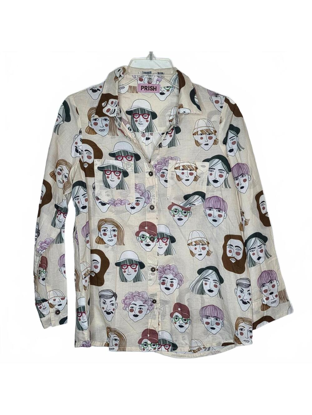 Prish Cream Cotton Long Sleeve Button Down Faces Women's Size M